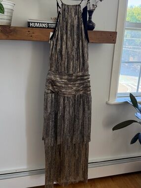 sass & bide Metallic Pleated Maxi Dress in Gold and Black. Shimmery drop waist.